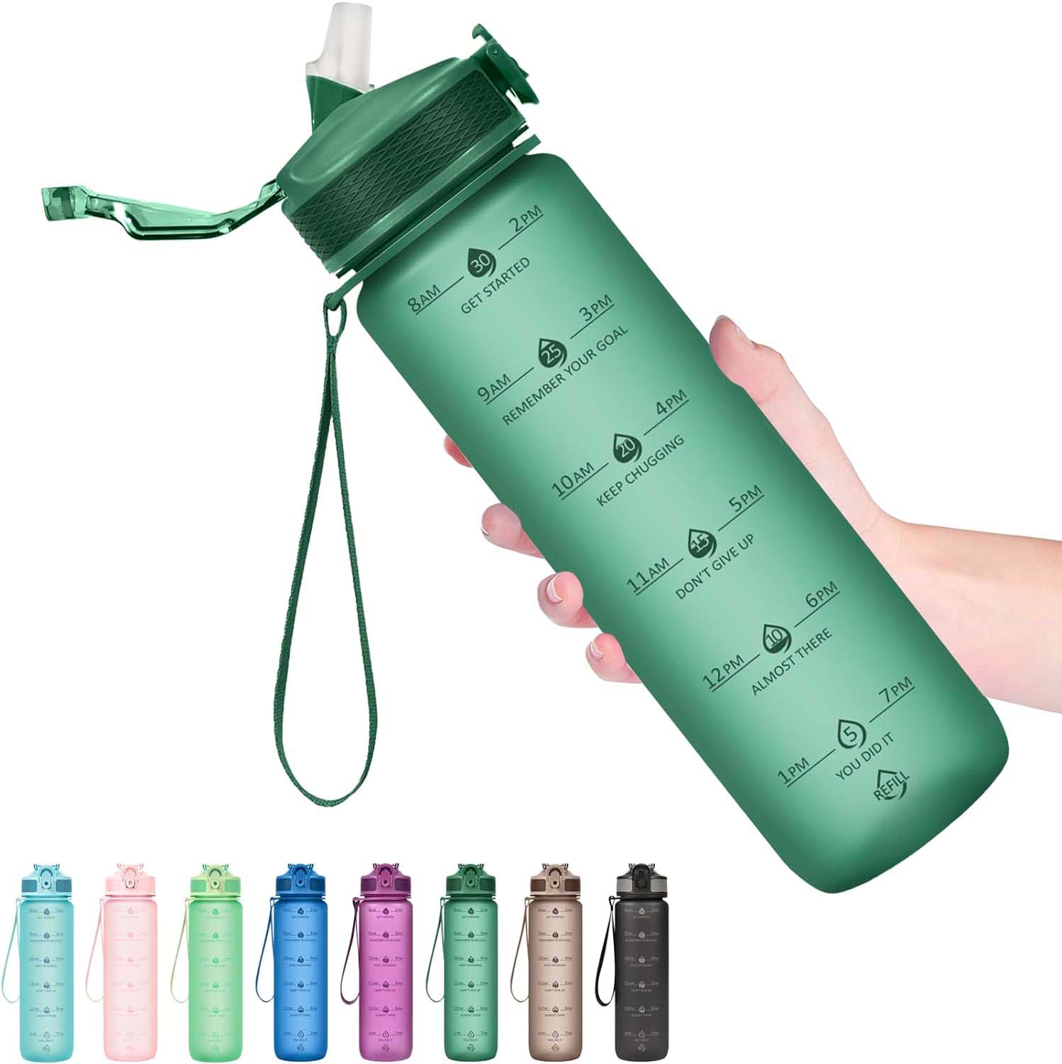 person holding green water bottle with the different color options at the bottom