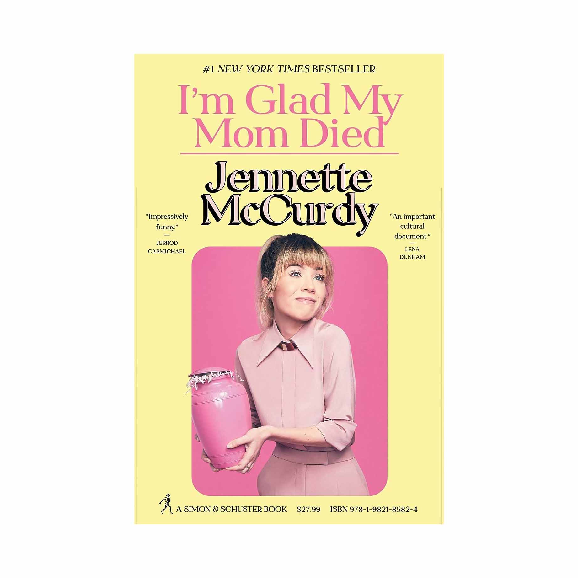 a yellow book titled I'm Glad My Mom with a picture of Jennette McCurdy