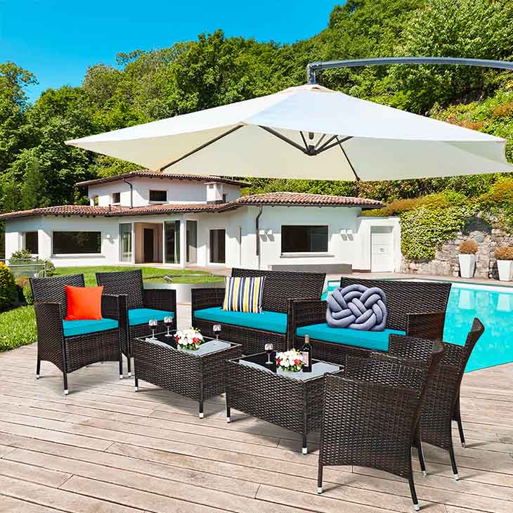 Turquoise rattan patio in outdoor setting
