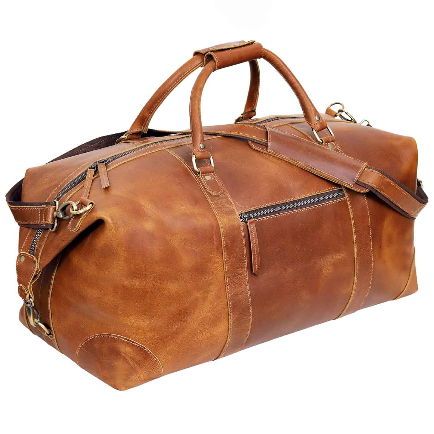 Light brown leather duffle bag