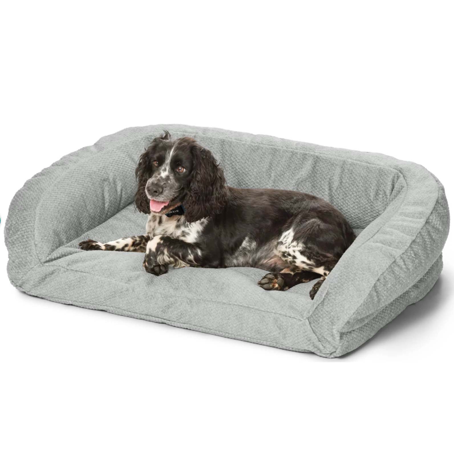 Dog sitting on grey sofa-shaped dog bed