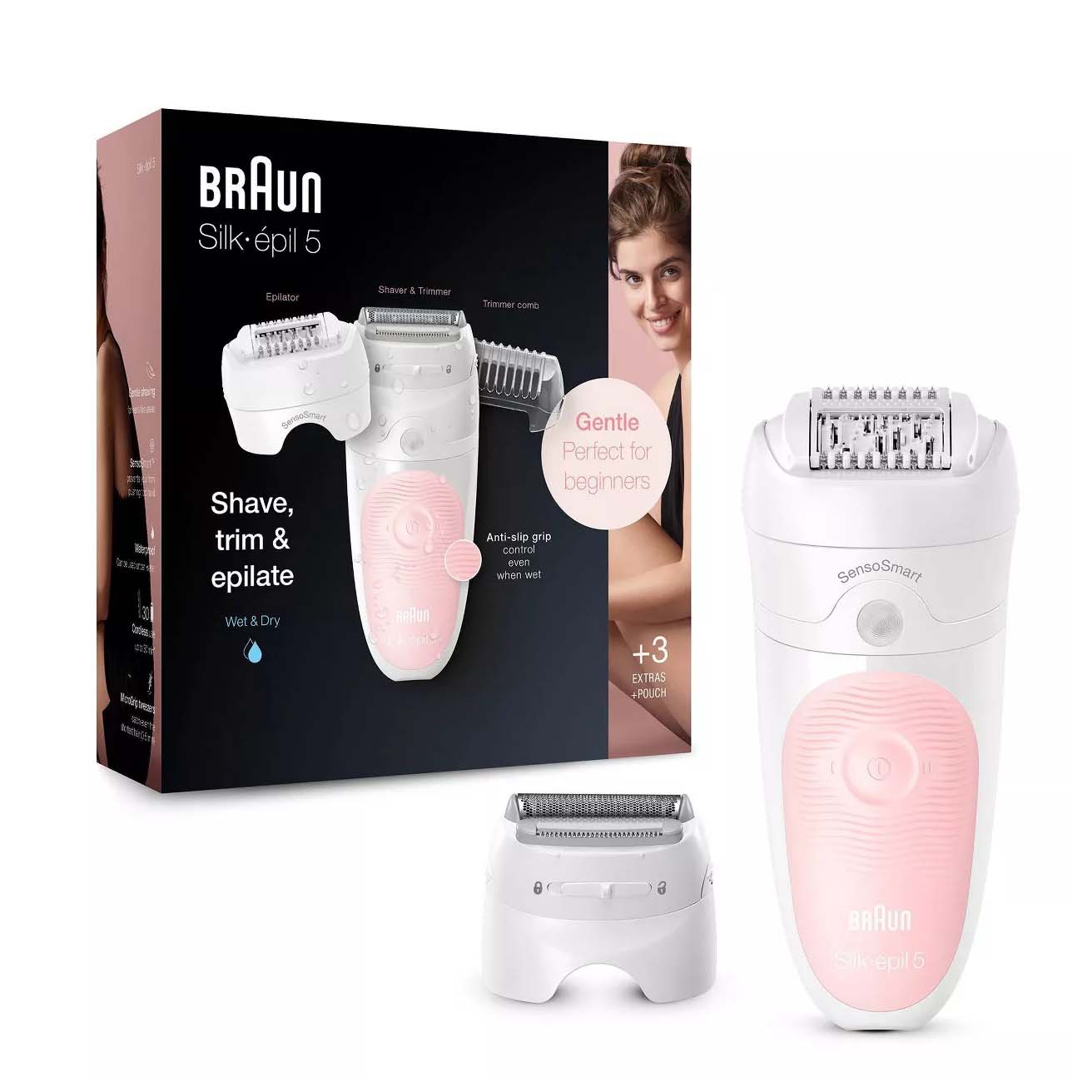 Braun Silk-epil 5-620 3-in-1 Women's Cordless Wet & Dry Epilator in white and pink with attachment