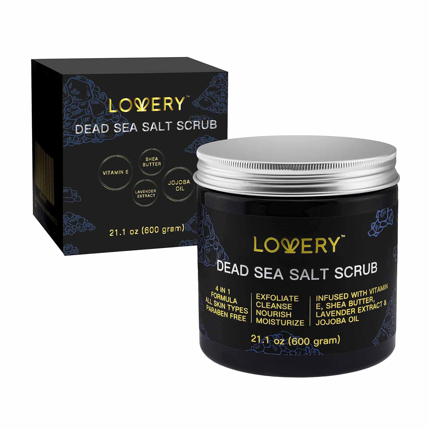 black tin of LOVERY Exfoliating Dead Sea Salt Scrub