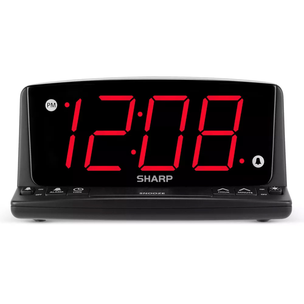 Sharp LED Night Light Alarm Clock in black reading '12:08'