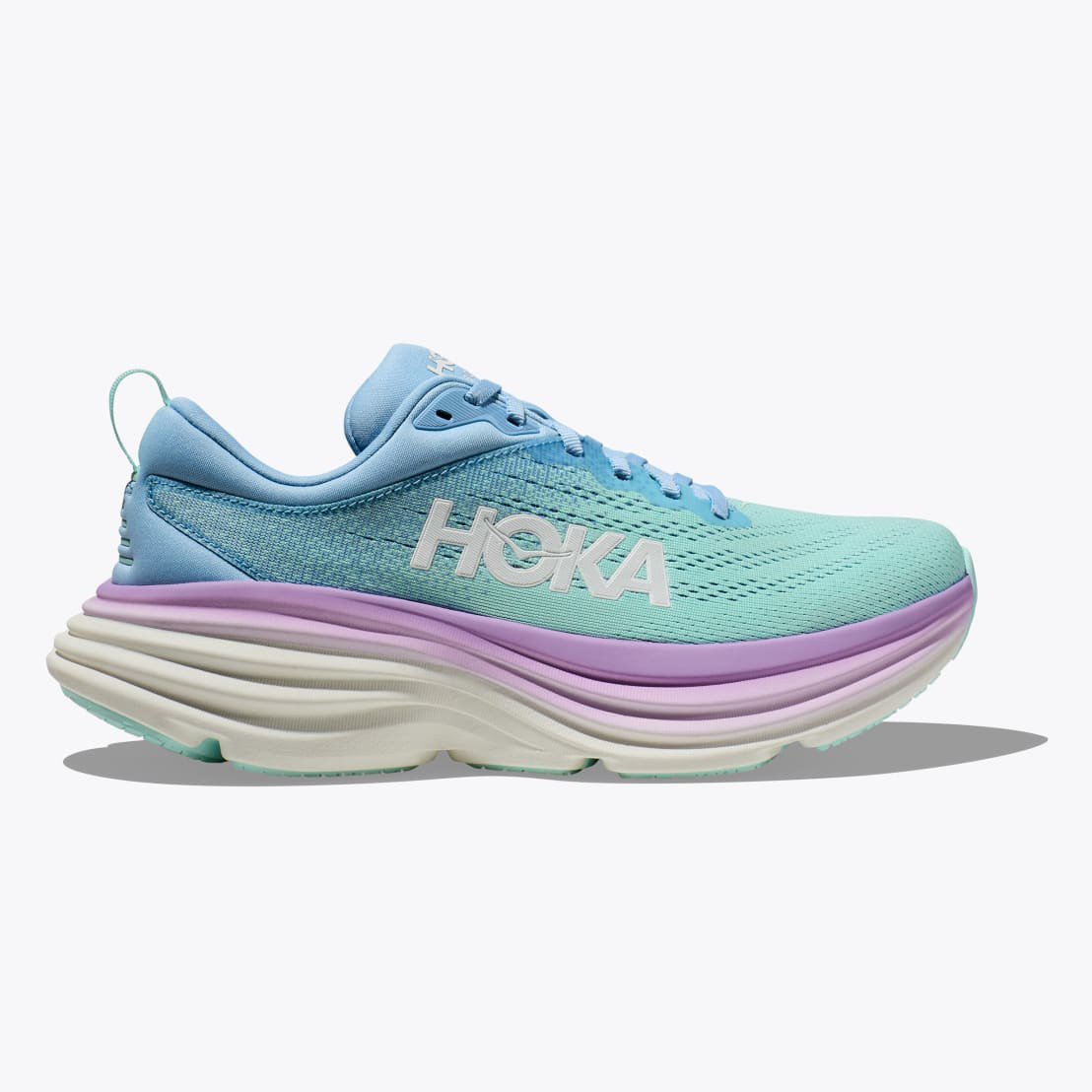 the Hoka Bondi 8 sneaker in white, blue and purple with white 'Hoka' logo