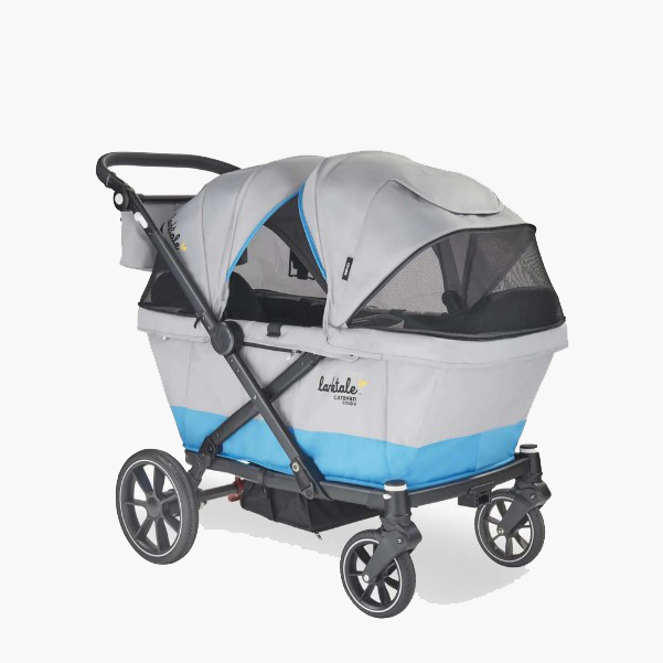 gray and blue wagon with canopy