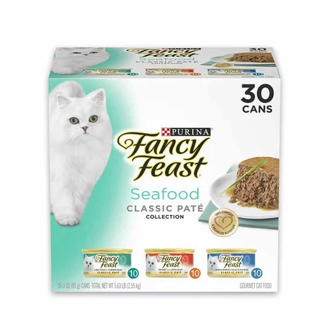 Purina Fancy Feast Classic Adult Variety Pack in a white box with a picture of a white cat