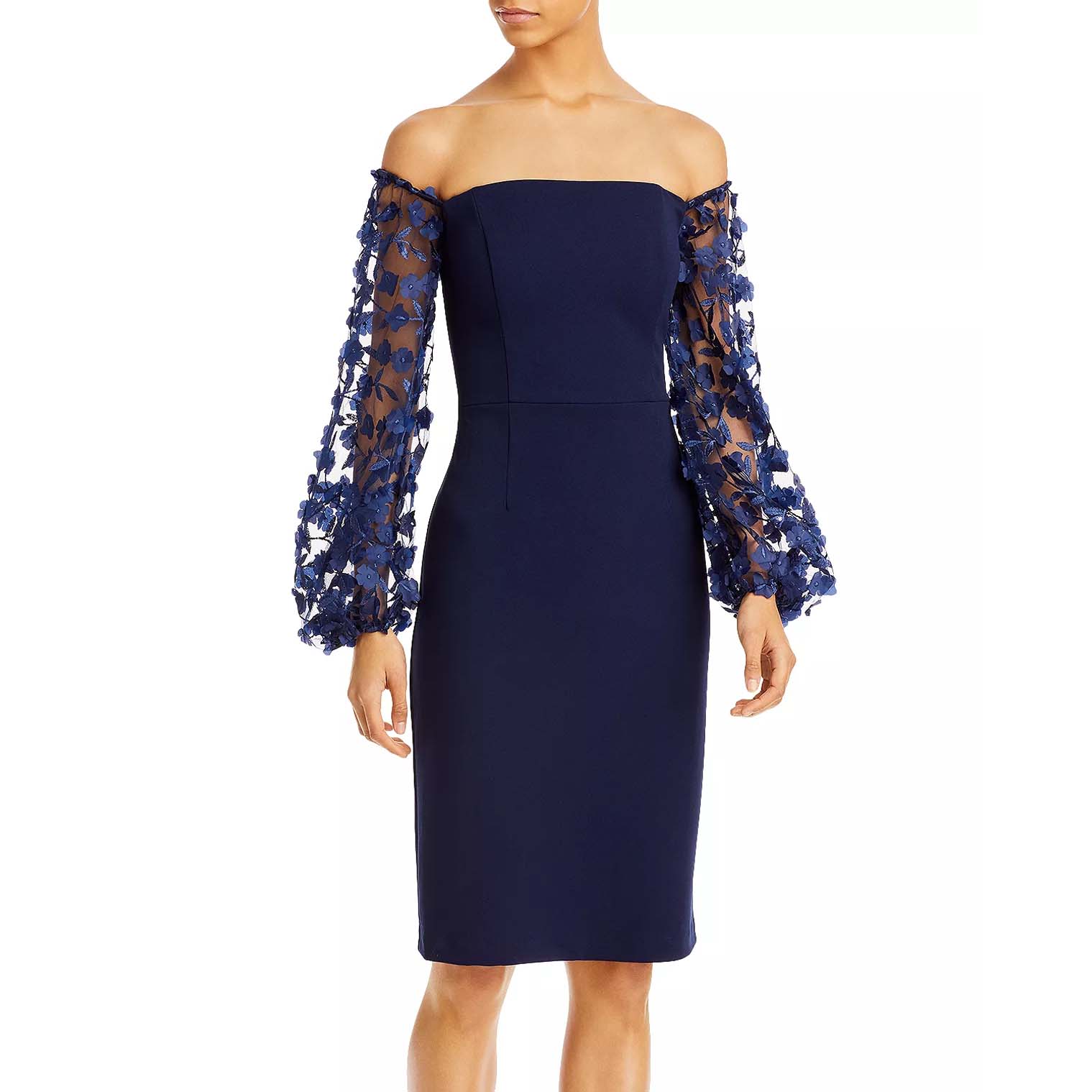 model wearing Eliza J Off-The-Shoulder Dress in deep blue