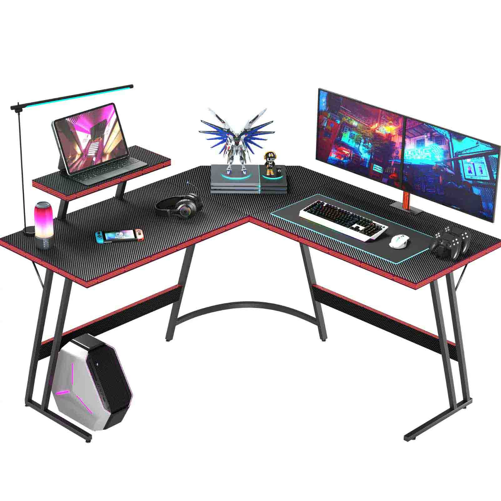 L-shaped game desk with laptop and monitor