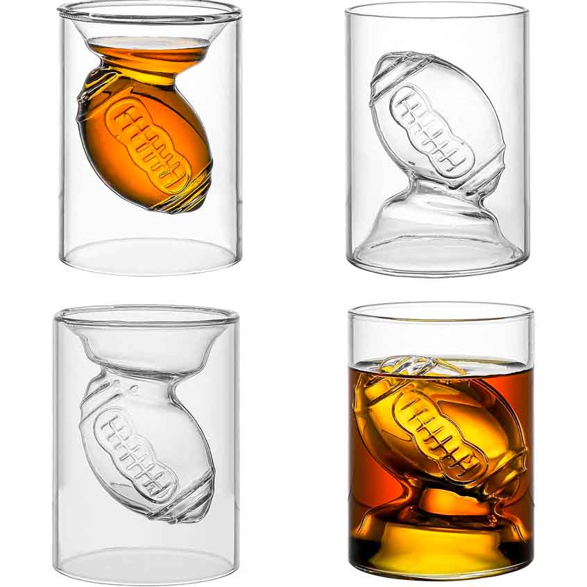 four reversible football shot glasses
