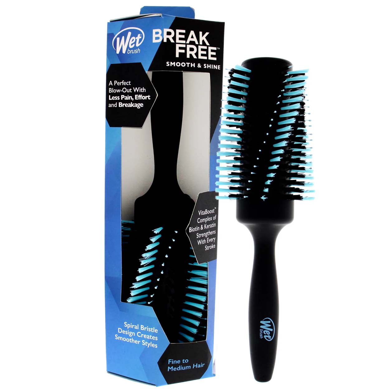 Blue and black round brush with box packaging