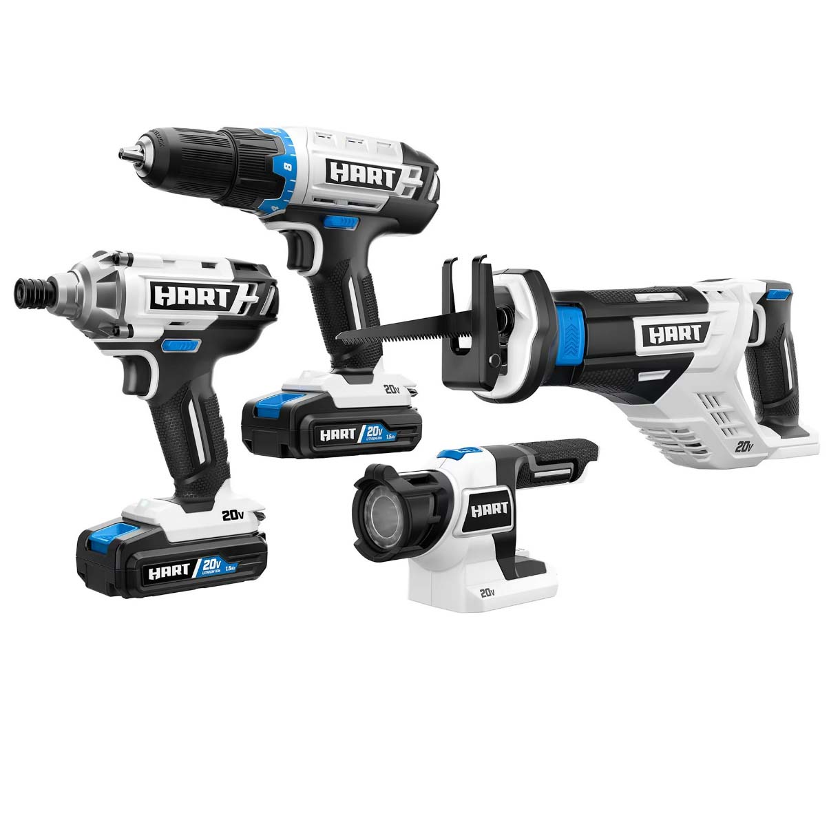 Image of four power tools in white, black and blue