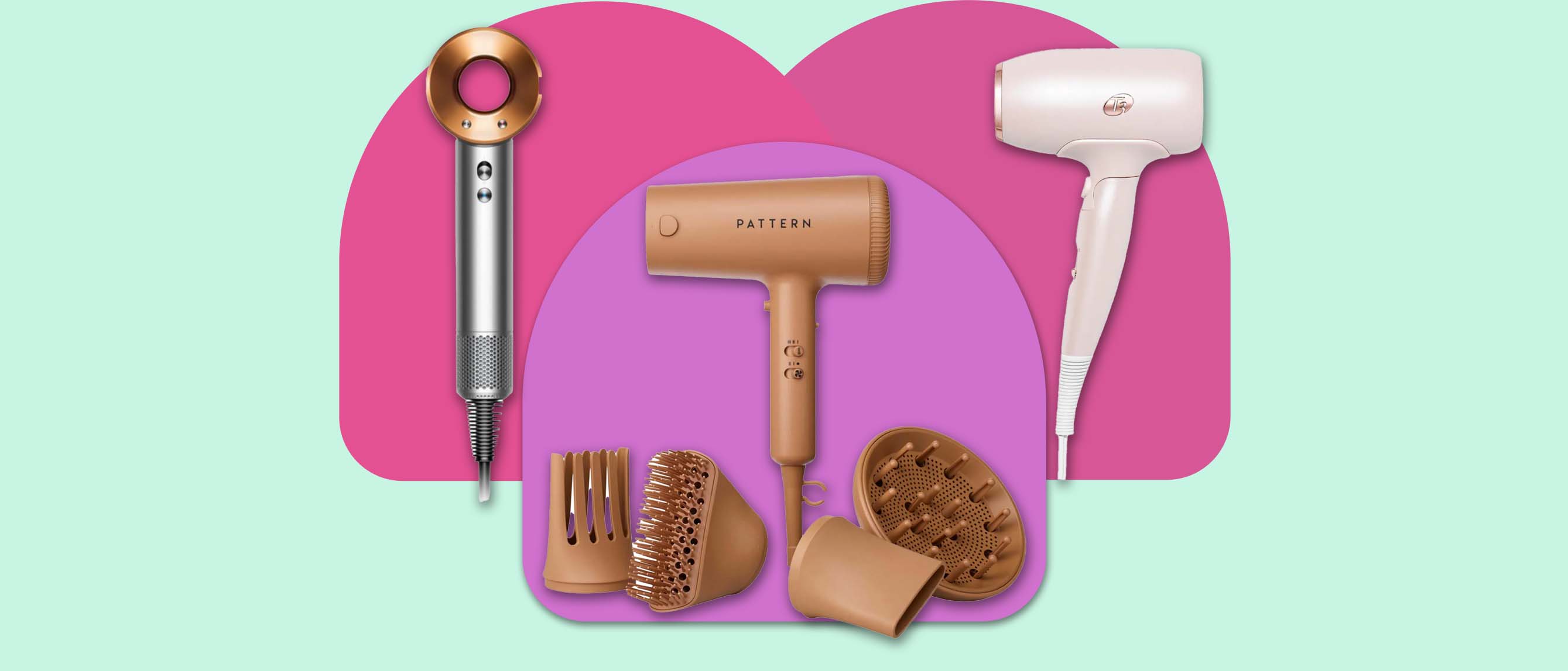 Image of three types of hair dryer with accessories