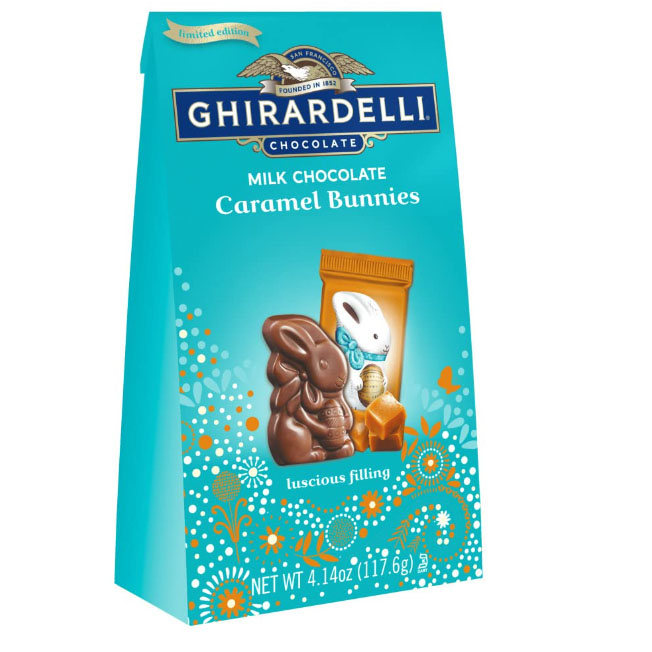 GHIRARDELLI Milk Chocolate Caramel Bunnies in a teal box