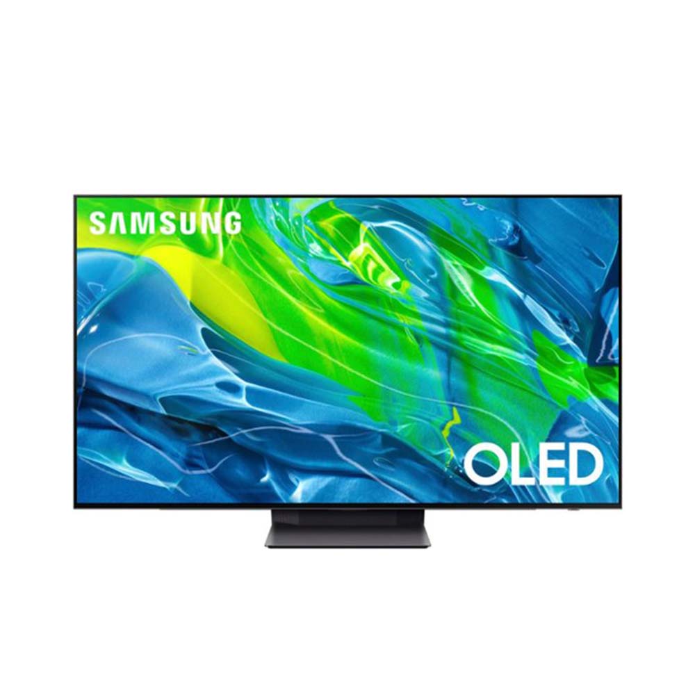 the Samsung 55 inch Class S95B Smart TV in black with a blue and green pattern screensaver