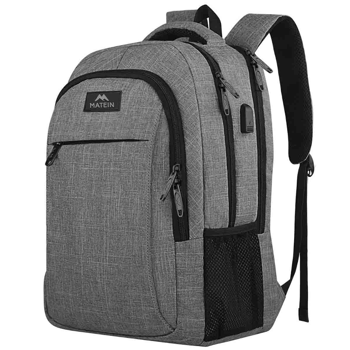 Grey backpack with Matein logo
