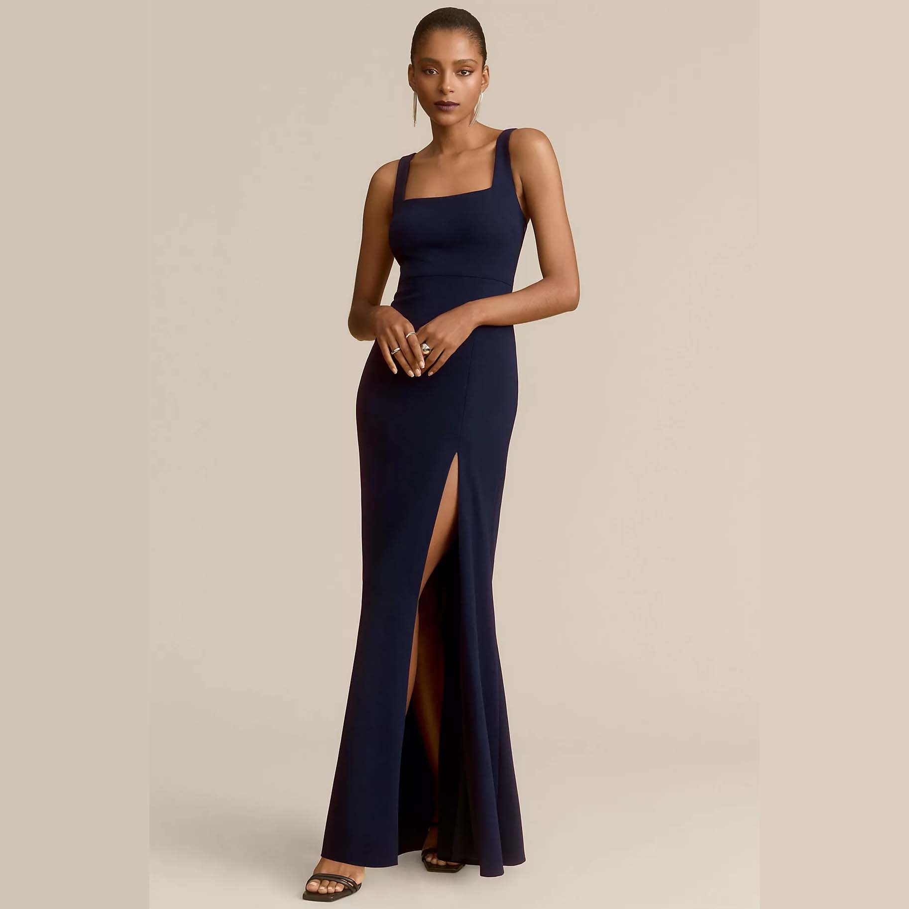 model wearing BHLDN Blake Square-Neck Stretch Crepe Gown in deep blue