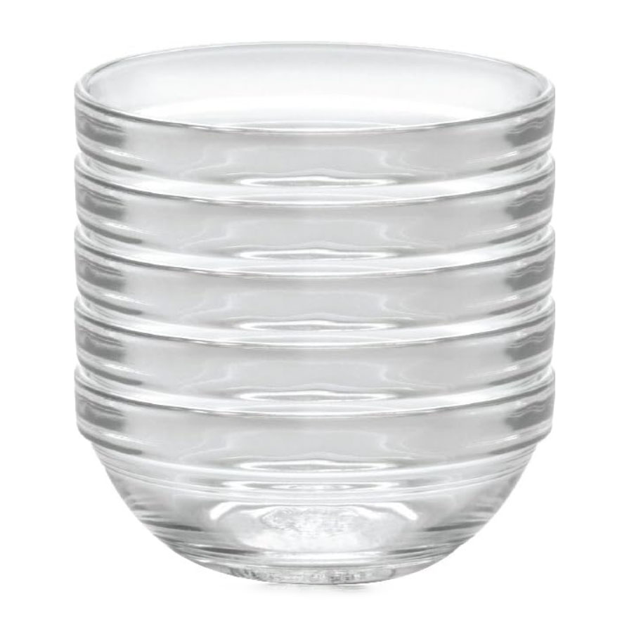 stack of Duralex Made In France clear glass bowls