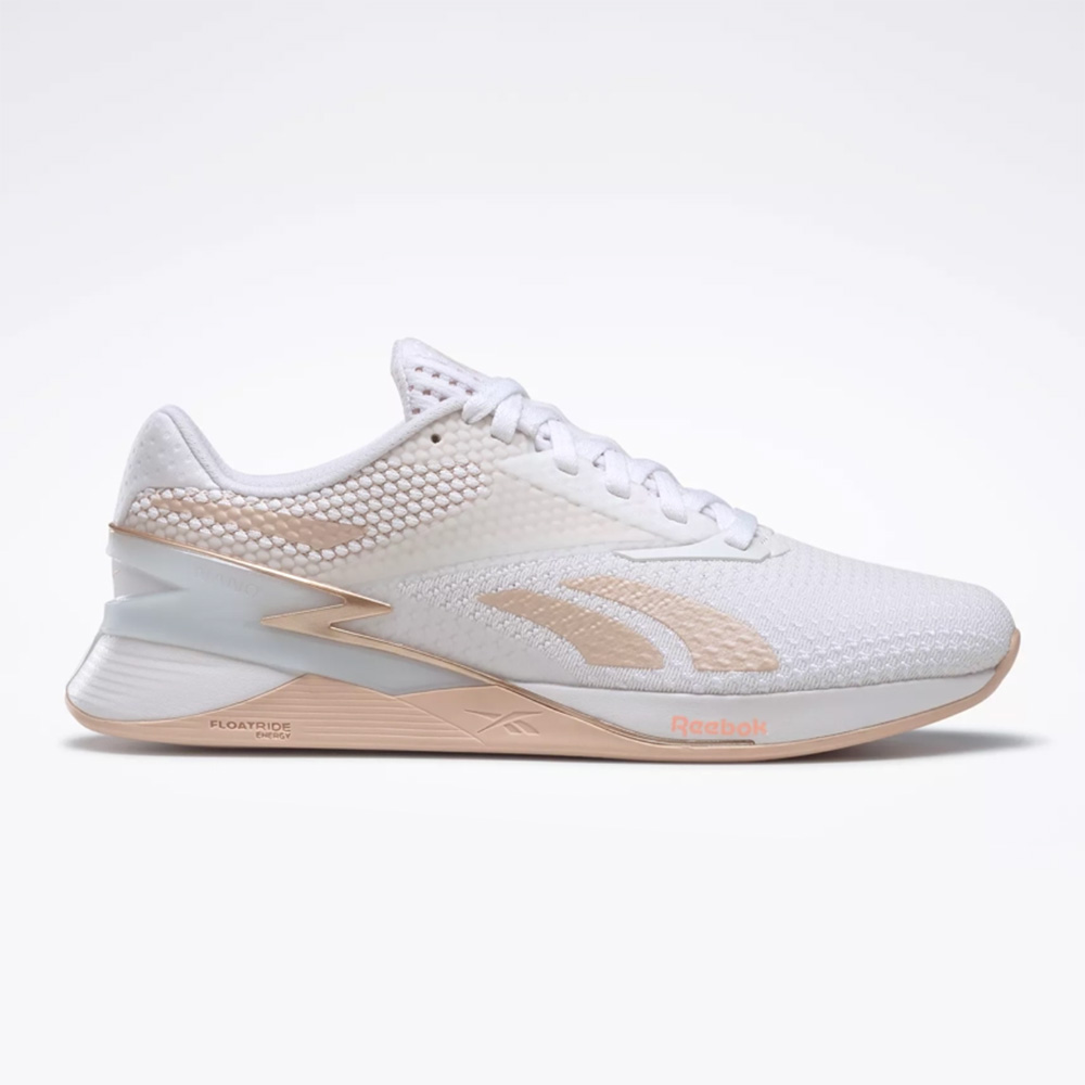 the Reebok Women’s Nano X3 sneaker in white and peach