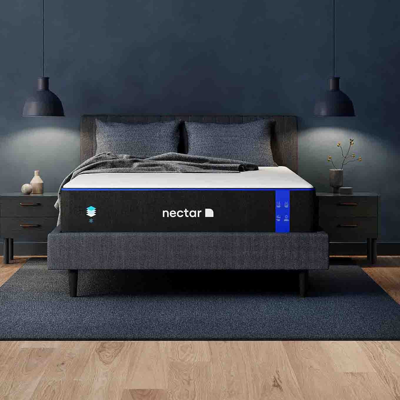 Dark blue Nectar mattress in room setting