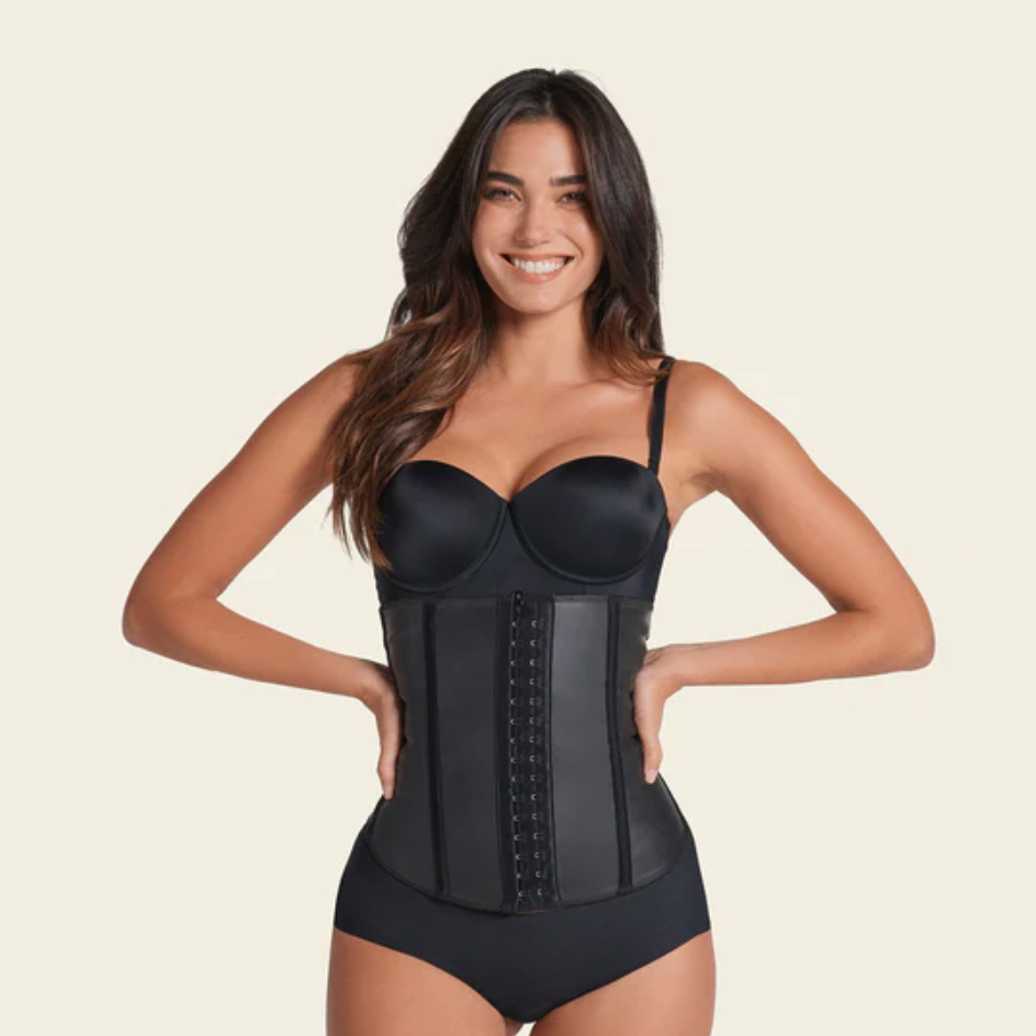 Woman wearing black Latex Waist Trainer with Extra-Firm Compression
