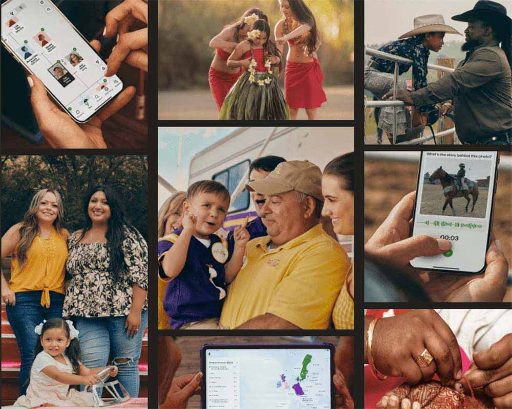 Collage showing people using Ancestry® with their families