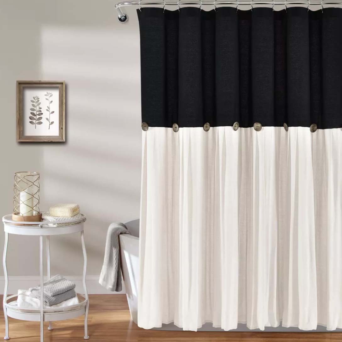 Black and white Linen Button Shower Curtain