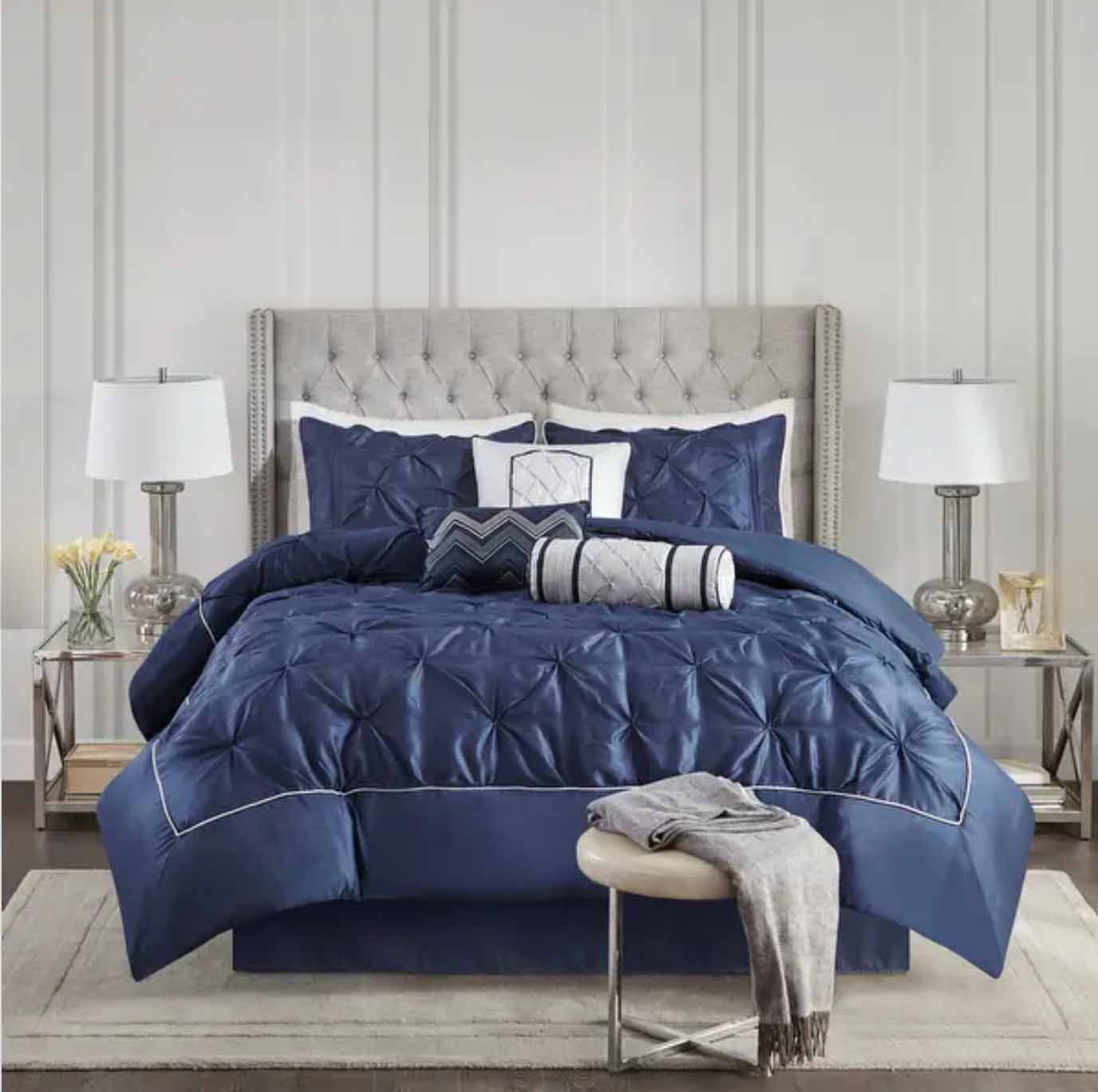Dark blue bedding set in luxury room