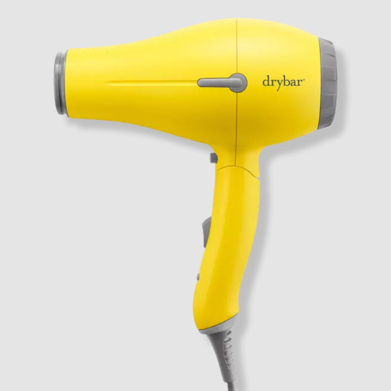 yellow drybar travel hair dryer with grey accents