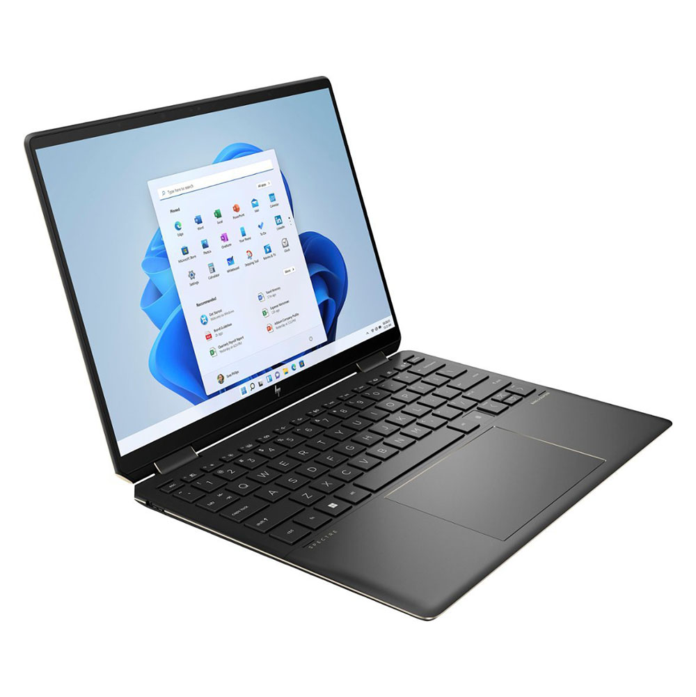 the HP Spectre x360 2-in-1 Laptop in black with blue screensaver
