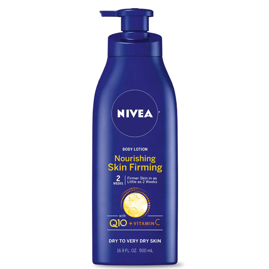A navy bottle of Nivea nourishing skin firming body lotion 