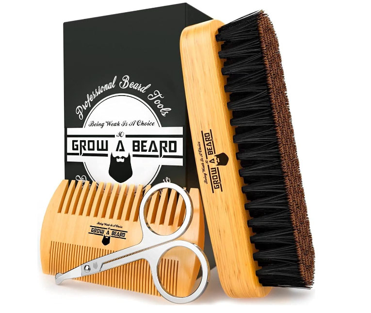 Beard Brush for Men & Beard Comb Set with Mustache Scissors Grooming Kit