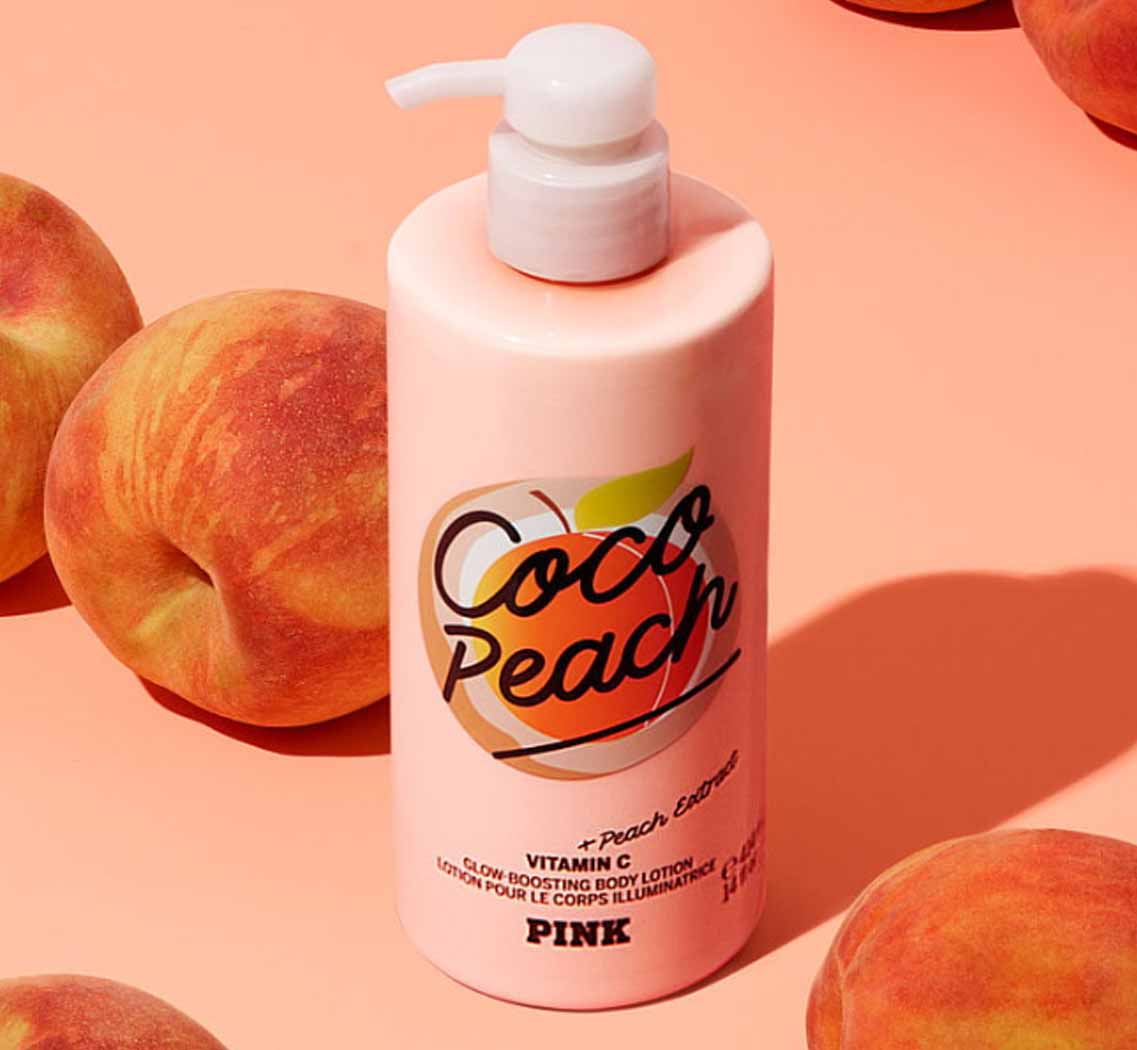 Victoria’s Secret Coco Peach Glow Boosting Body Lotion in orange bottle