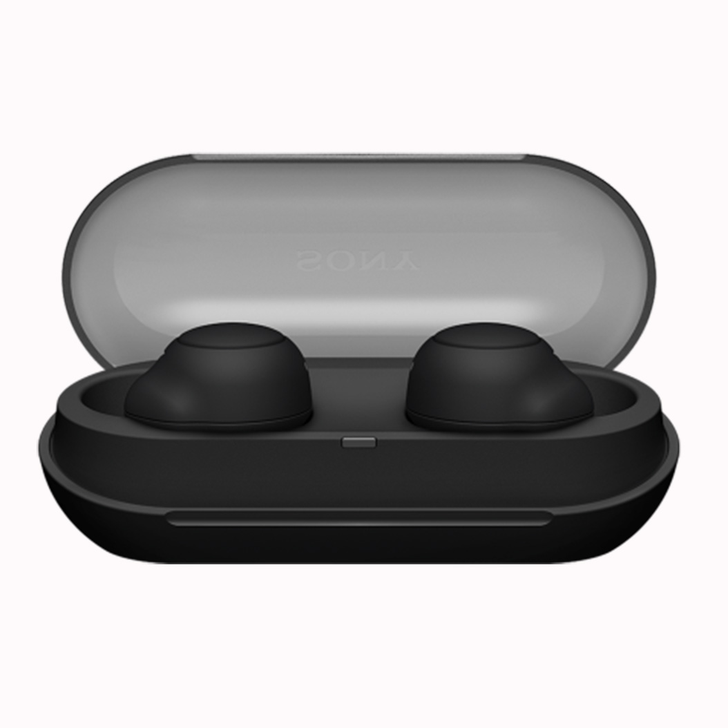 pair of earbuds in charging case side view