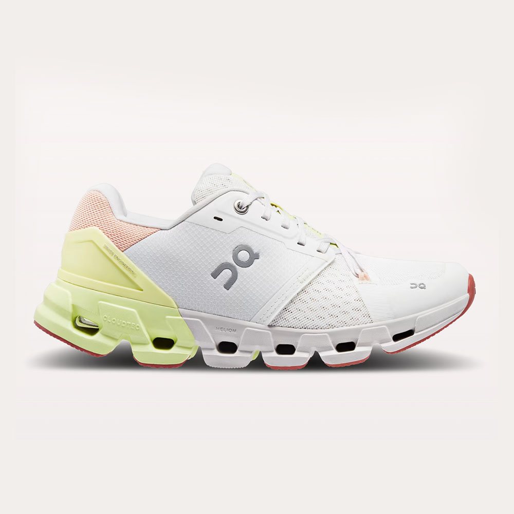 the OnRunning Cloudflyer 4 sneaker in white with yellow and peach accents