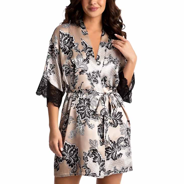 woman bearing black and beige silk robe from Macy's with lace trim at each sleeve