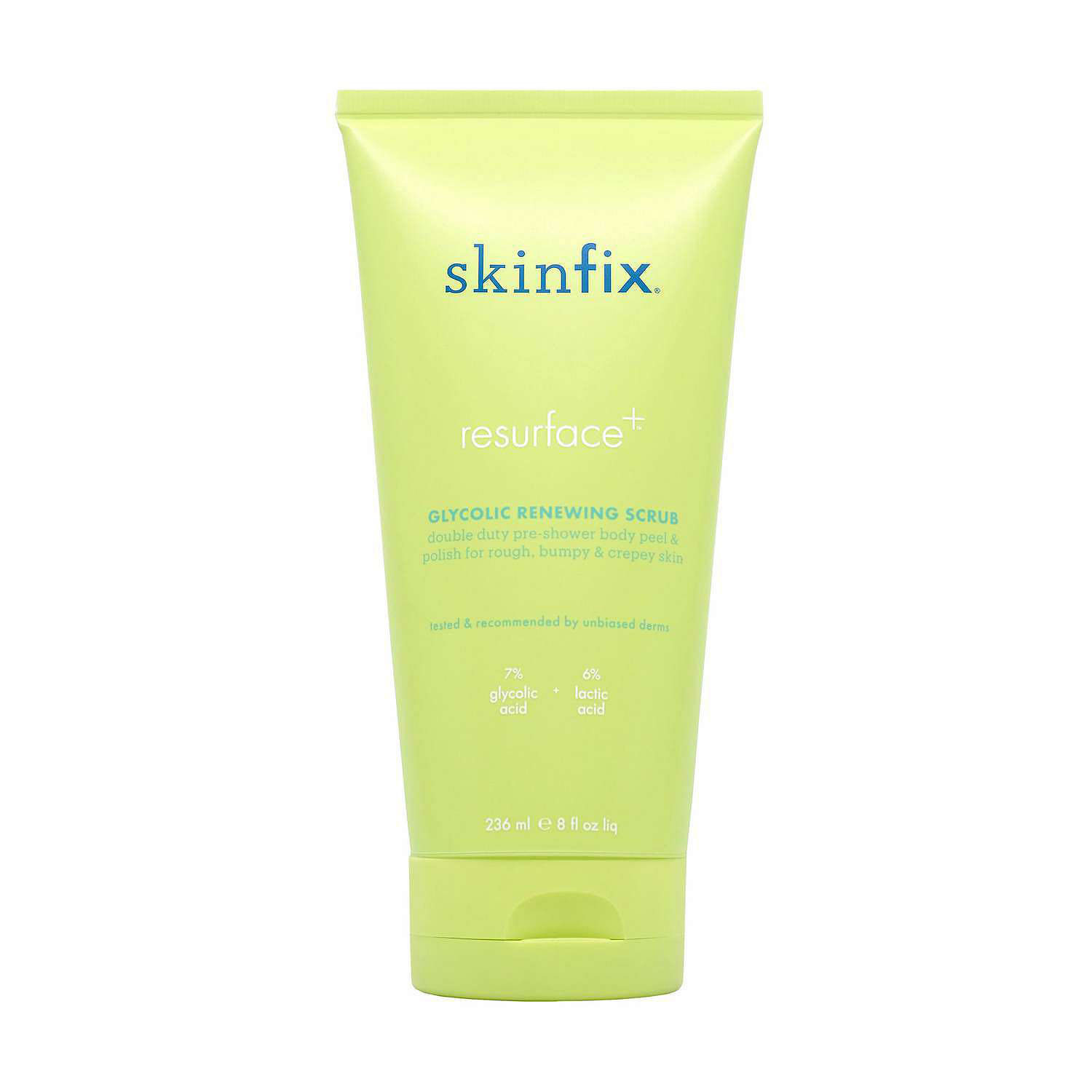 bright green bottle of Skinfix Resurface+ Glycolic and Lactic Acid Renewing Body Scrub 
