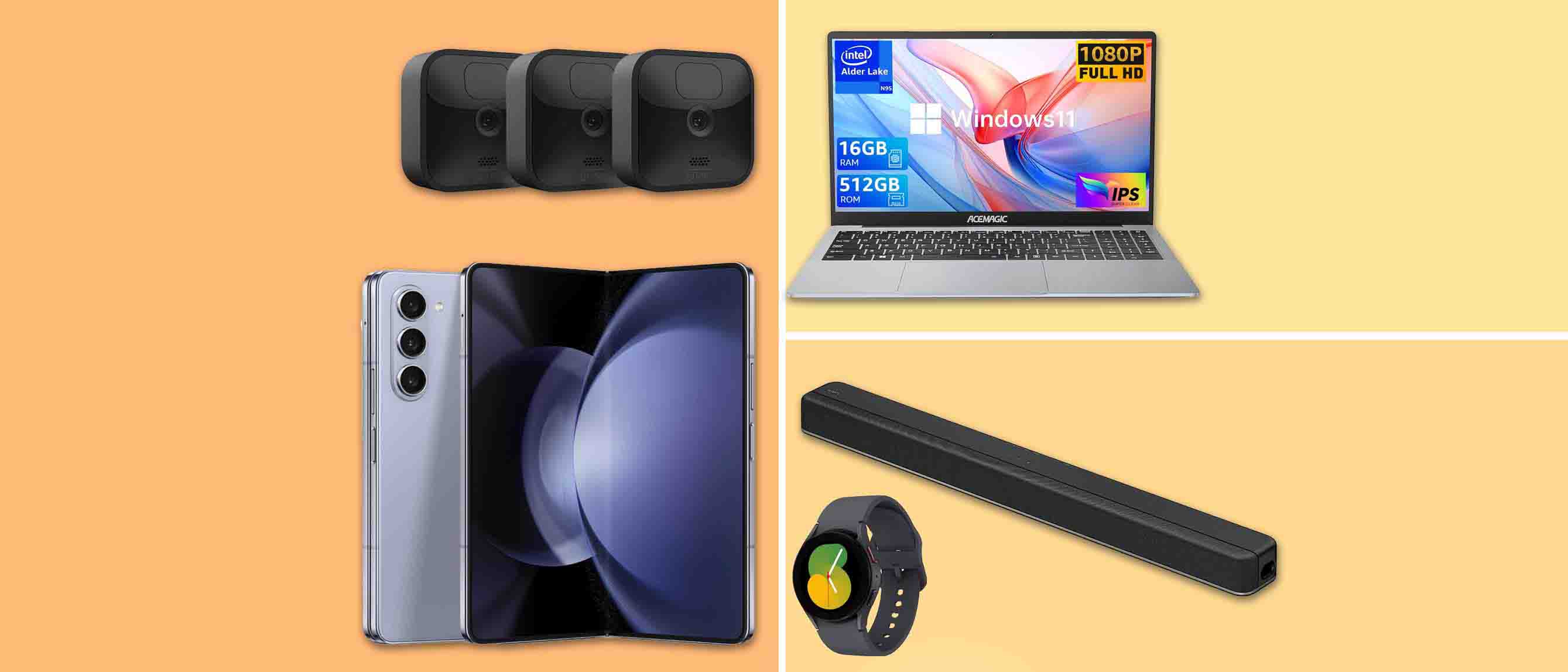 Image of Samsung Fold, webcam, laptop, sony soundbar and Samsung Watch