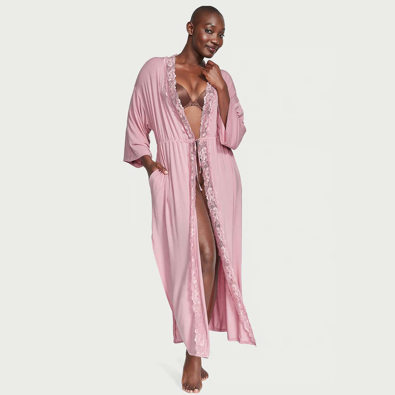 Pink Modal & Lace Trim High-Slit Maxi Robe