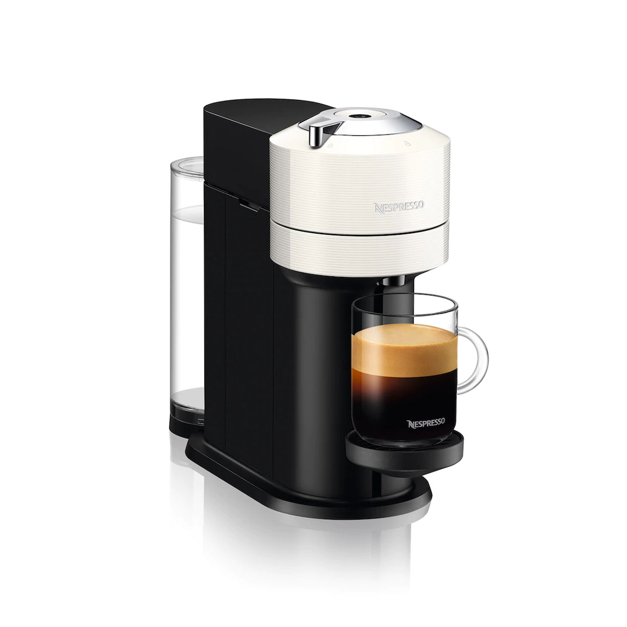 white and black Nespresso machine with glass of coffee 