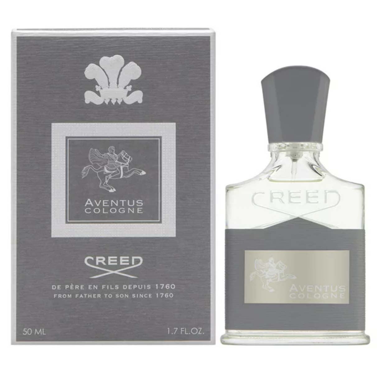 Creed Men's Creed Aventus Cologne in clear grey bottle and grey box packaging