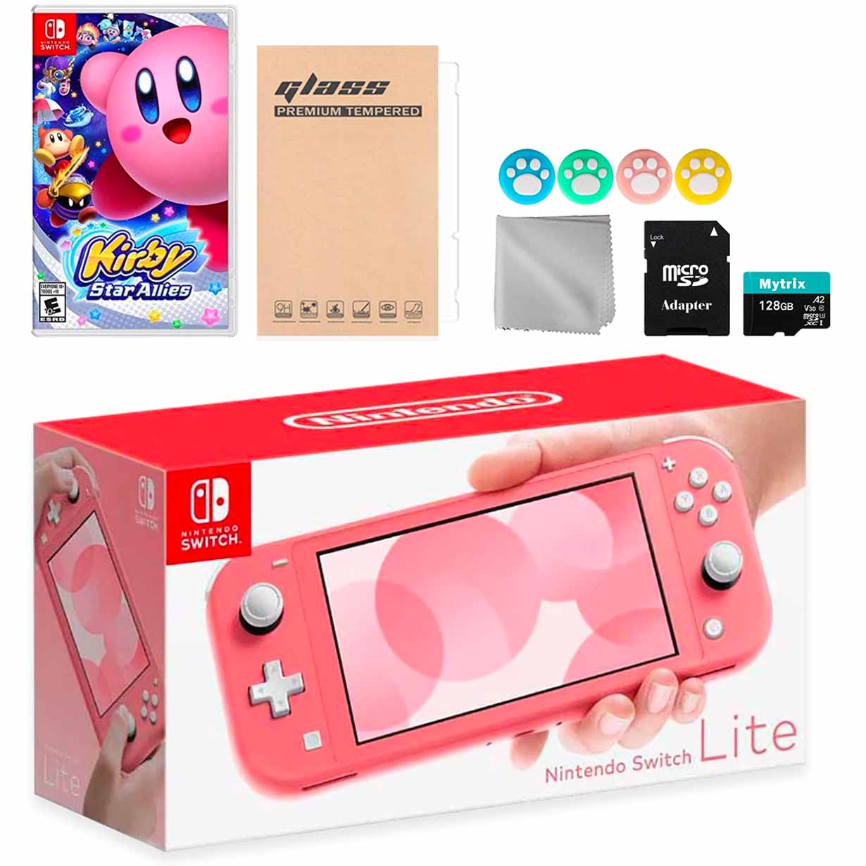 nintendo switch lite in coral with kirby star allies game and accessories
