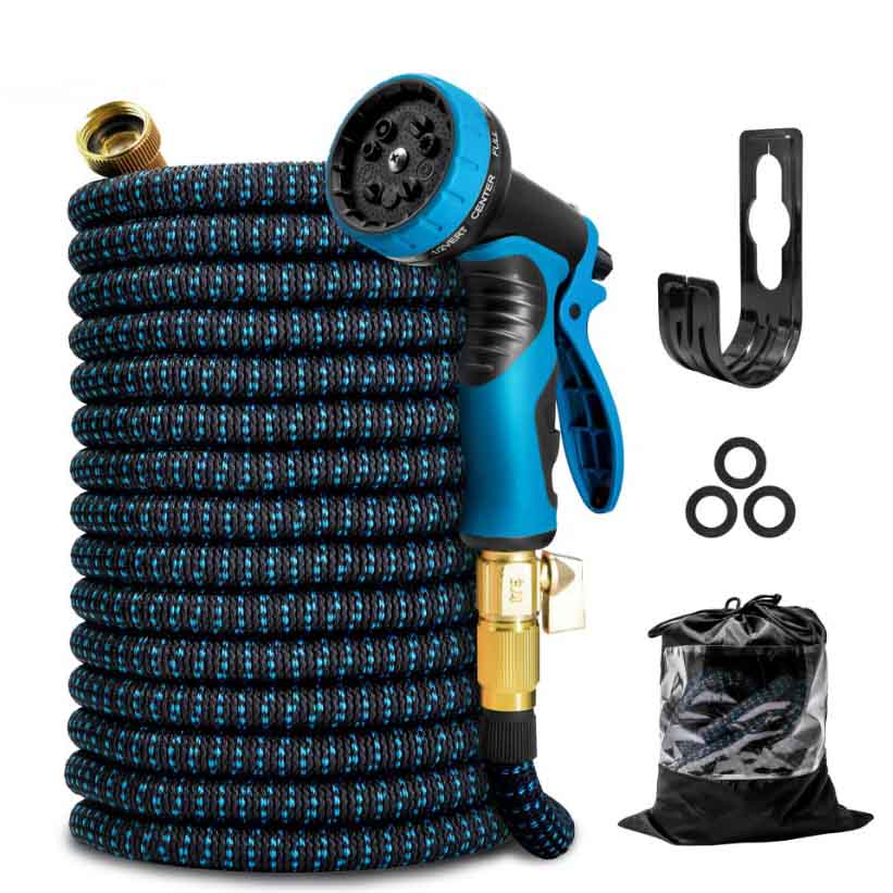 Blue garden hose with hook and bag
