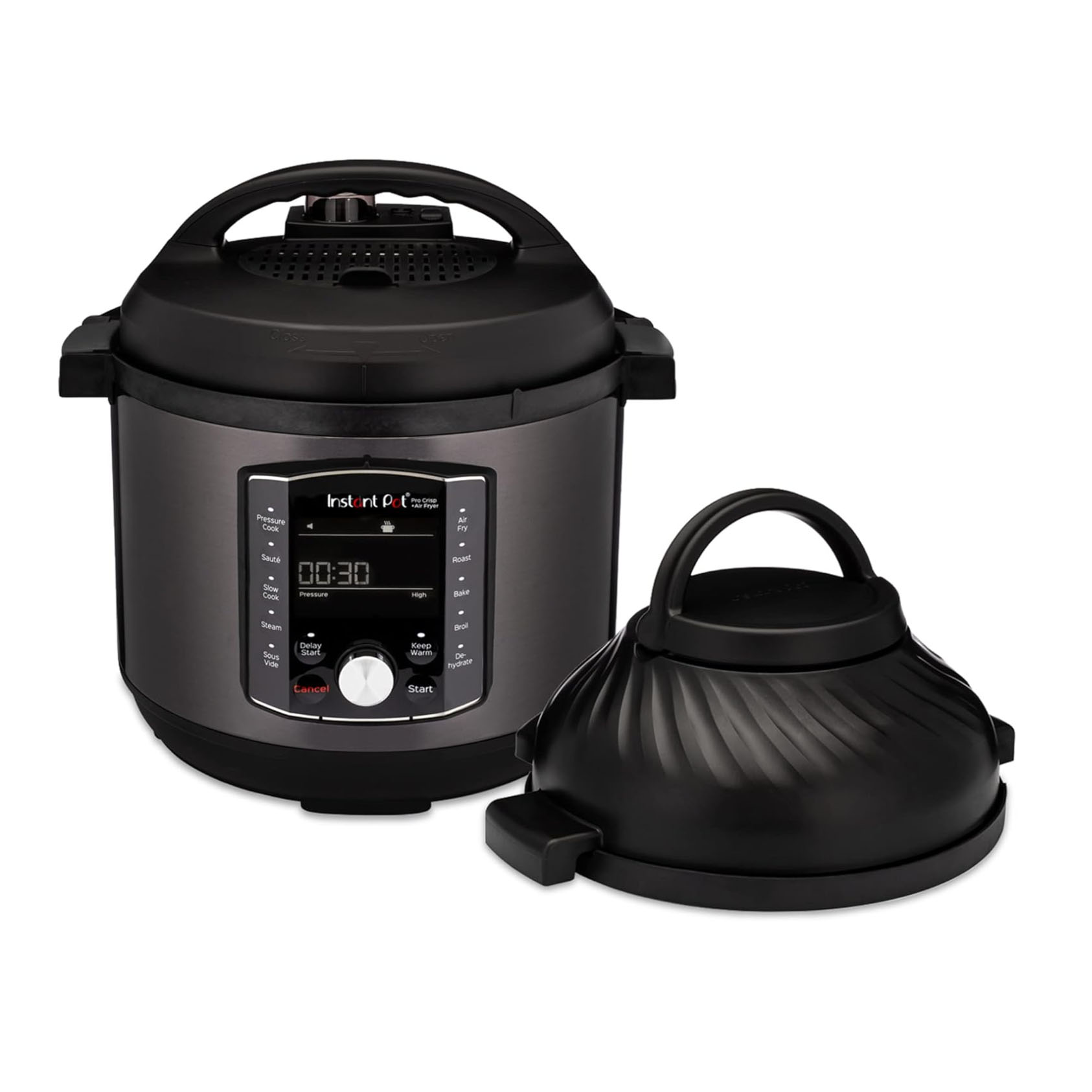 Instant Pot Electric Pressure Cooker in black with lid