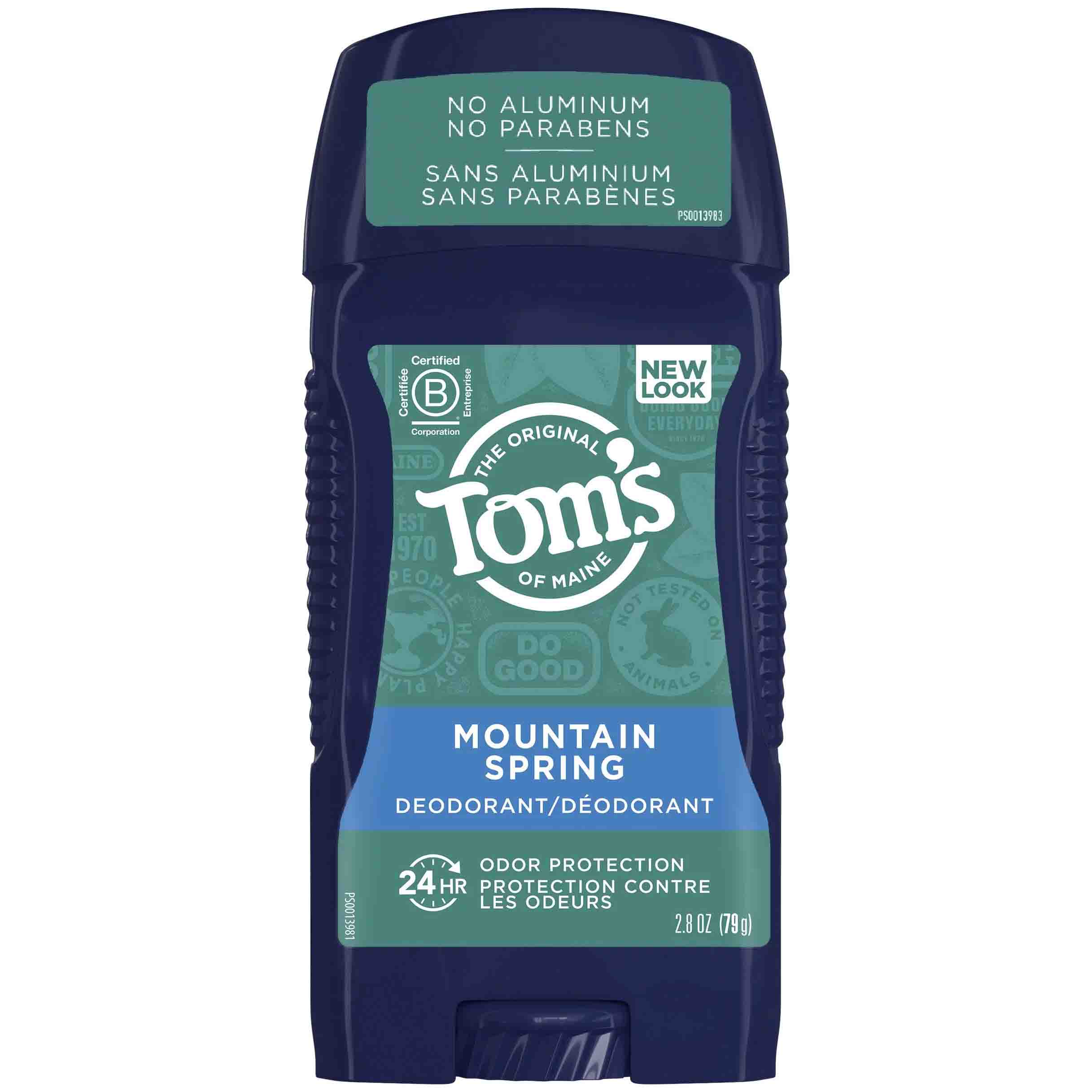 tom's mountain spring deodorant in a navy tube