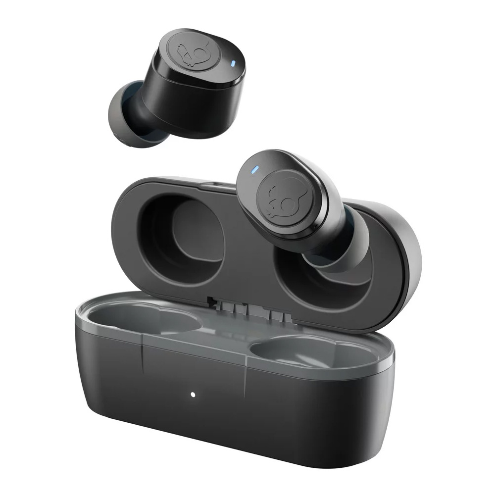 pair of blocky earbuds floating above charging case