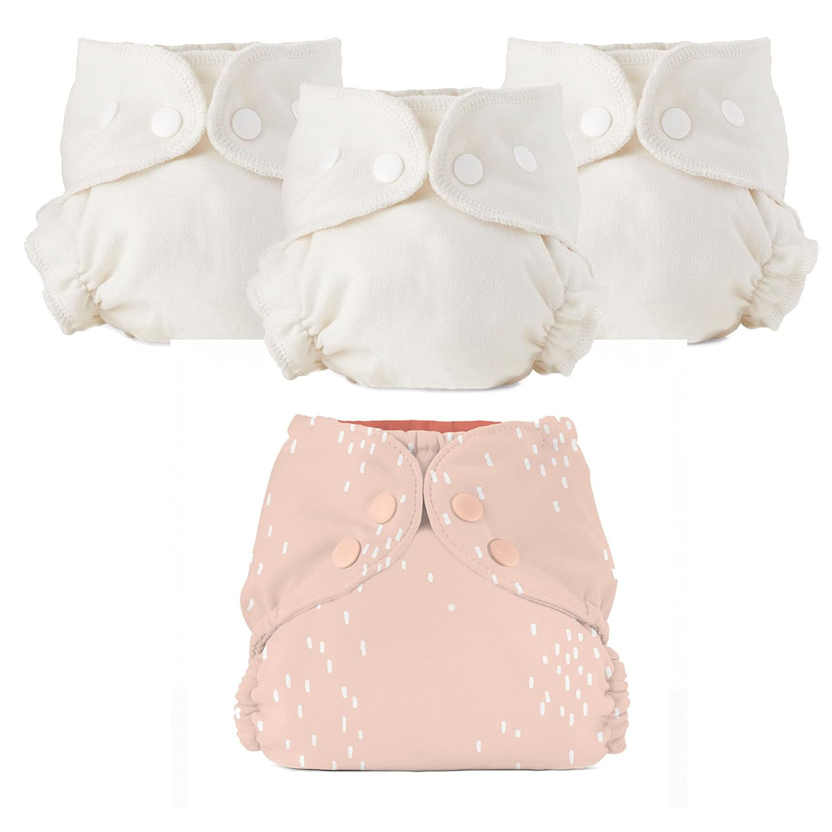 Three white cloth diapers and one pink diaper