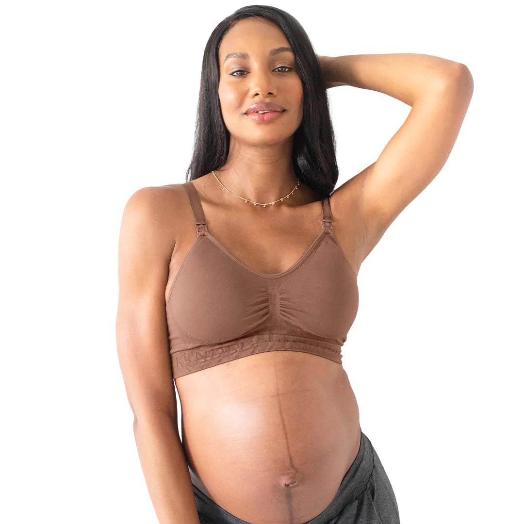 pregnant model wearing a mocha nursing bra  