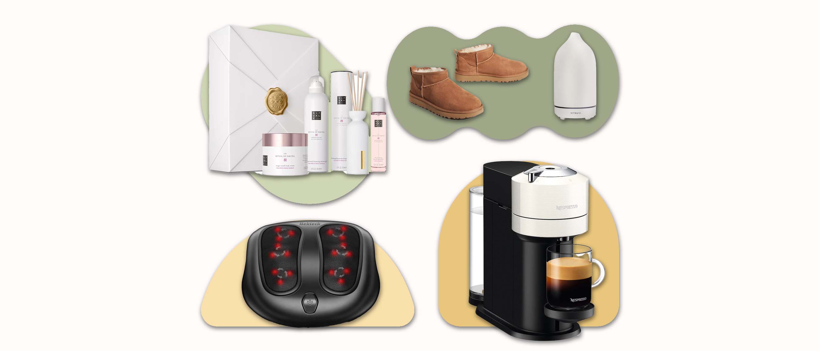 five gifts for mom including a Rituals set, a foot massager, coffee machine, ugg boots and diffuser