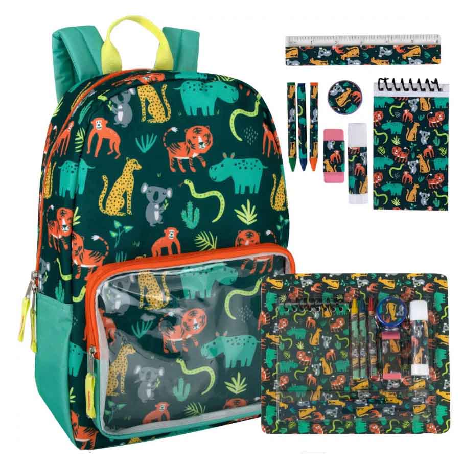 Backpack in dark green along with stationery set
